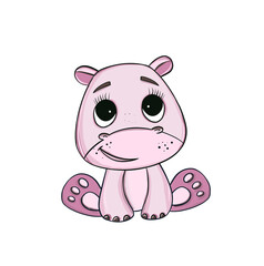 Cute watercolor baby hippo. Hand drawn illustration. Painting isolated on white background.