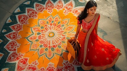 Fototapeta premium Woman in Traditional Red Attire Holding Shopping Bags with Vibrant Rangoli Background