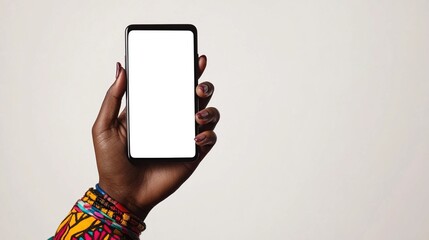 Close up of mature hand holding smartphone with blank screen isolated on while background. Black woman showing empty screen of modern cellphone. Mature hand showing white screen of smart phone