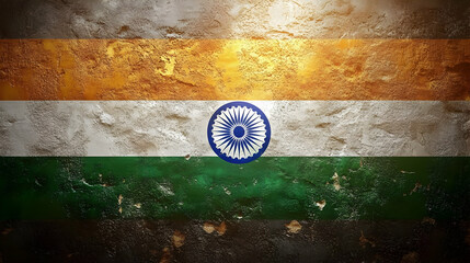 Grunge-style depiction of the Indian flag on a textured background.