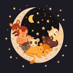 Sleeping animals, on a crescent moon, flat design illustration