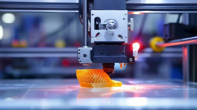 Witness a cutting edge 3d printer creating a vibrant orange object layer by layer, revolutionizing manufacturing with innovative design and automated precision