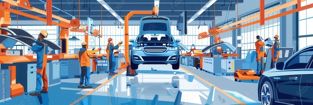 Poster technicians collaborate on the factory floor to install and inspect car interiors, ensuring quality 
