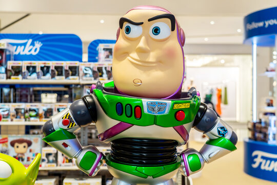 BANGKOK,THAILAND-Sep 27, 2024: Model Buzz Lightyear robot toy character form Toy Story animation film at the cinema. Buzz is a toy space ranger hero and one of the two lead characters in the Toy Story
