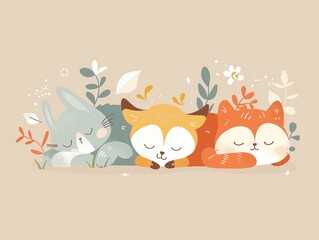 Fototapeta premium Sleeping animals, peaceful and serene, flat design illustration