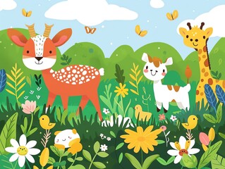 Playful animals, frolicking in a field, flat design illustration