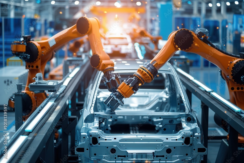 Fototapete automated robotic arms precisely assemble components on a car production line in a state-of-the-art 