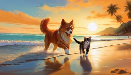 cat on the beach,  A Puppy and Kitten's Sunset Soiree,cat on the beach