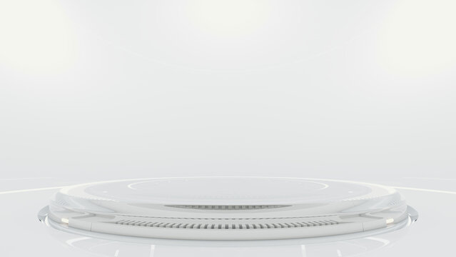Technology Background. Power podium empty stage or laboratory white room. Sci-fi idea concept. Technological elements innovation background. 3D render.