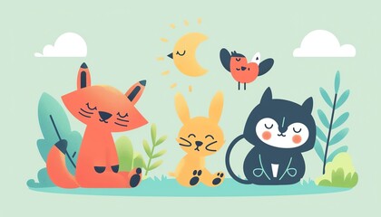 Playful animals, enjoying the sun, flat design illustration