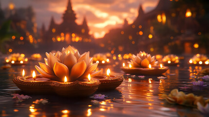 Serene floating lotus candles illuminate a tranquil water scene.