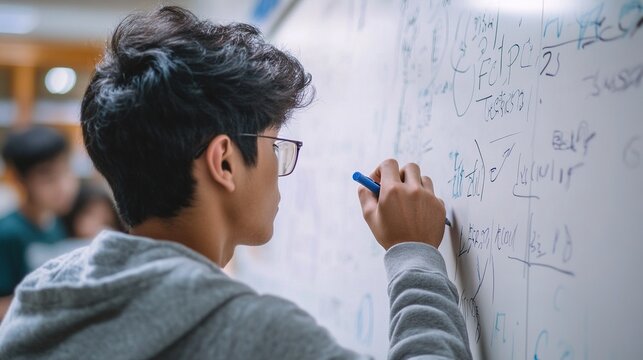 Back view of high school student solving math problem on whiteboard in classroom. Young man writing math solution on white board using marker. College guy solving math expression during lesson.