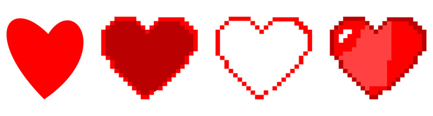 Obraz premium Summer vacation icons set in pixel art design isolated on white background, 80s-90s, digital vintage game style. Pixeled pink heart