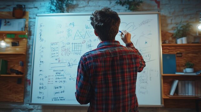 Back view of high school student solving math problem on whiteboard in classroom. Young man writing math solution on white board using marker. College guy solving math expression during lesson.