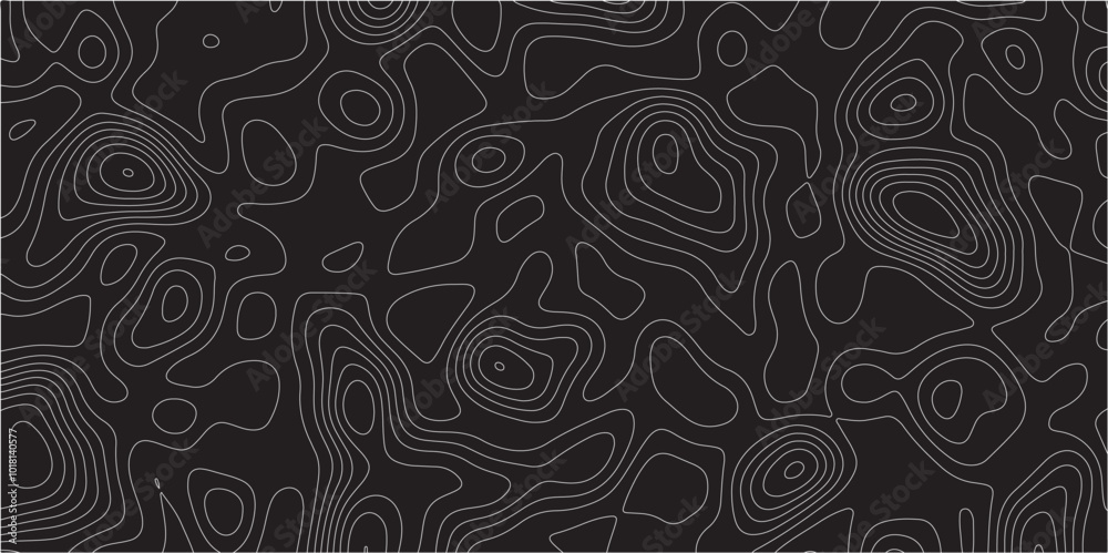 Poster Abstract white on black background Topographic line map pattern. Contour elevation topographic and textured Background Modern design with black background with topographic wavy patted.	