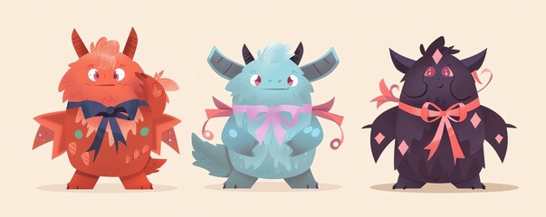 Obraz premium Fluffy creatures, with bows and ribbons, flat design illustration