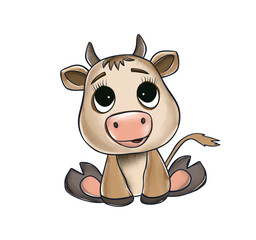 Cute baby cow . Hand drawn illustration. Painting isolated on white background.