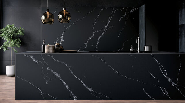 Elegant minimalist kitchen with black matte cabinetry, a marble island, and pendant lighting for a modern touch