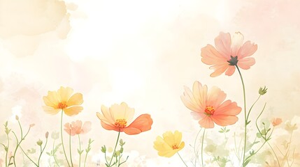 Naklejka premium A charming watercolor depiction of delicate daisies with subtle pastel petals, scattered on a light beige background, embodying a minimalist and airy design that brings a touch of tranquility. 