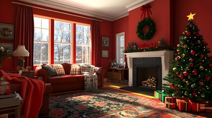 A family living room filled with classic Christmas decor in vibrant red and green, featuring a decorated Christmas tree, cozy blankets, and cheerful ornaments, capturing the essence of holiday 
