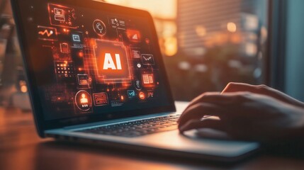 AI icon on laptop screen with hands typing, text "AI" and icons of data visualizations and images in the background, office setting, stock photo style.