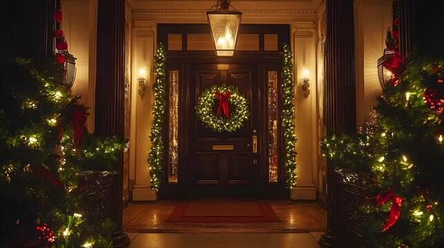 An inviting entrance with a holiday wreath, soft candlelight, and garlands draped elegantly around the doorway, offering a warm welcome for the festive season. 