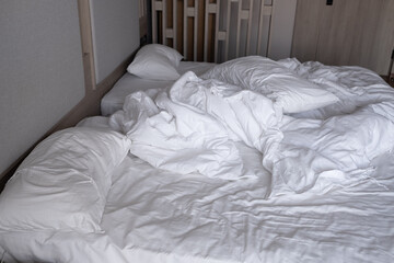 white bed background, after sleep, dirty bed
