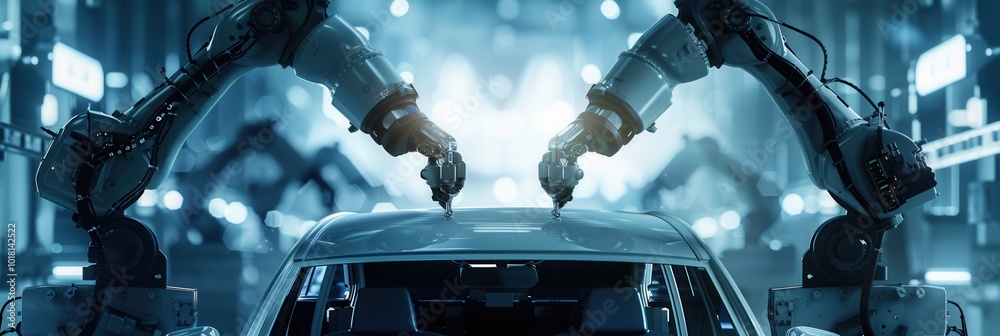 Fototapete robotic arms meticulously perform precise assembly tasks on a vehicle in a high-tech automotive prod