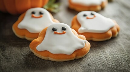 Obraz premium Decorated Halloween cookies shaped like pumpkins and ghosts on a table. Copy space on the side.