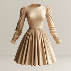 Beige dress with puff sleeves, pleated skirt.