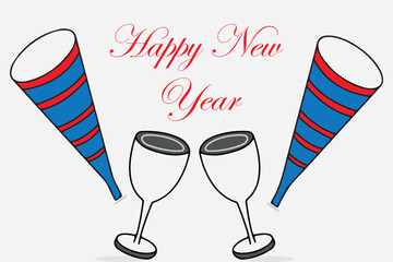 A festive New Year's illustration features two party blowers on either side of the phrase "Happy New Year." Two champagne glasses clink together in the center and good wishes for the upcoming year.