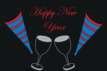 A festive New Year's illustration features two party blowers on either side of the phrase "Happy New Year." Two champagne glasses clink together in the center and good wishes for the upcoming year.