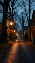 Empty illuminated ghost town amidst a misty rain-soaked autumn forest on All Hallows Eve Street Lanterns