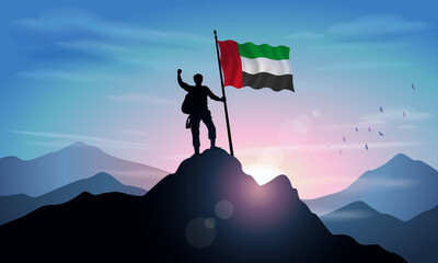 United Arab Emirates flag, silhouette of a man holding a flag as a sign of success in reaching the top of the mountain with the morning sun in the background. Vector Illustrator