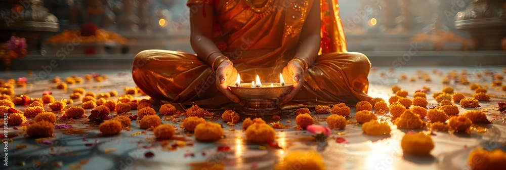 Wall mural person meditating with oil lamp and marigold flowers in a peaceful temple, evoking spirituality and 