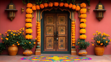 Vibrant entrance adorned with marigolds and colorful rangoli.