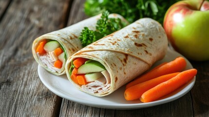 Healthy lunch for children with turkey wraps, carrots, and apple slices. Copy space available.