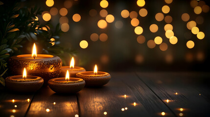 Warm candles illuminate a cozy, festive atmosphere.
