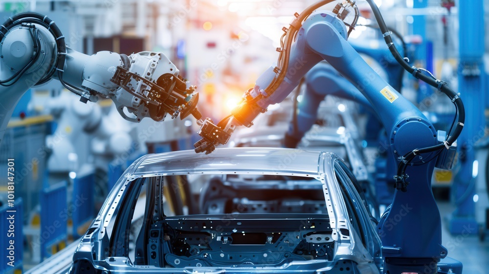 Aufkleber robotic arms meticulously carry out precise tasks to assemble vehicle parts on a busy car production