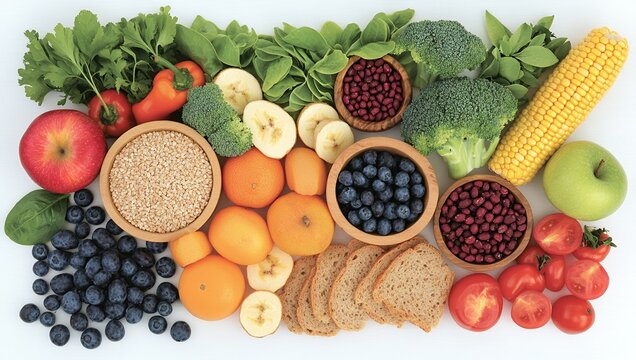 A variety of fresh fruits, vegetables, grains, and legumes.