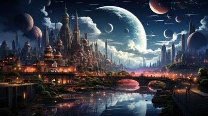 Fototapeta premium Futuristic Cityscape with Celestial Wonders