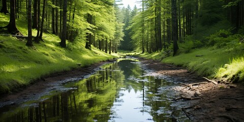 Fototapeta premium A Tranquil Stream Winds Through a Lush Canopy of Emerald Green Trees, Its Still Waters Reflecting the Sunlight Filtering Through the Branches
