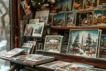 Greeting cards on the Christmas shop showcase, festive holiday display scene.