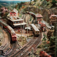 A meticulous model railway depicts a bustling train station scene, capturing the excitement and intricacy of transportation in miniature form.