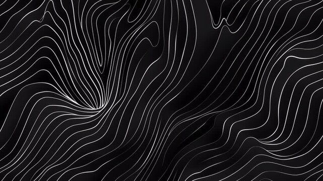Abstract black background with white lines waves. Seamless loop animated video of Topographic line map, vertical flow background