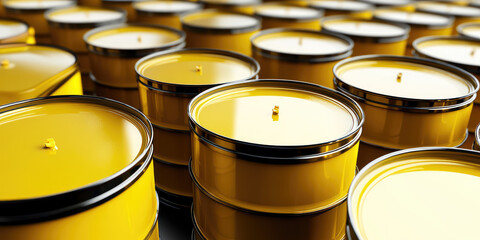 Drum oil stock barrels yellow vertical or chemical for transportation. Rows of fuel stock barrels. Background