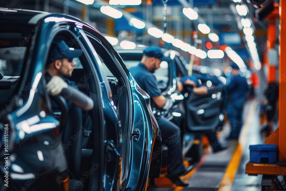 Poster assembly line workers carefully install and inspect car interiors, ensuring quality control on the f