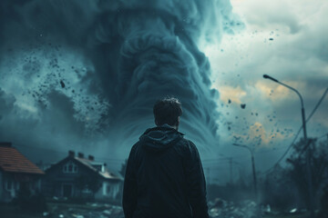 Obraz premium Scary storm day, person in danger under tsunami storm thunderstorm lightning, Generative AI