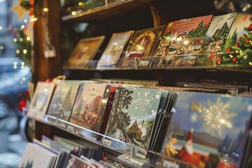 Christmas greeting cards displayed in a shop showcase, colorful festive scene.
