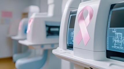 Advanced Mammography Machines with Pink Ribbons in Medical Facility, AI
